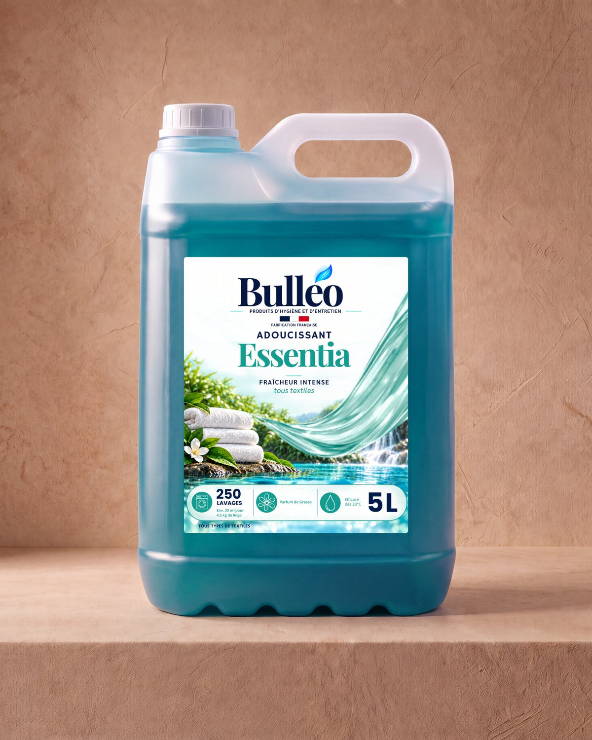 Adoucissant Essentia 5L Bulléo – fraîcheur intense, 250 lavages, parfum de Grasse