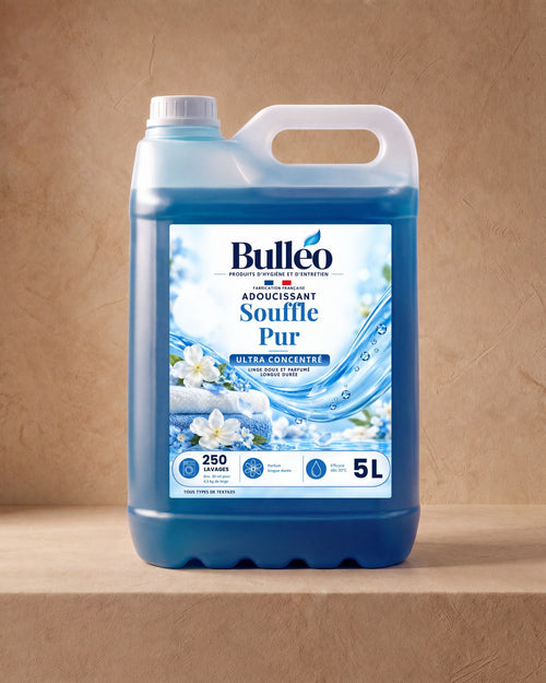 Adoucissant Souffle Pur 5L Bulléo – ultra concentré, linge doux et parfumé, 250 lavages