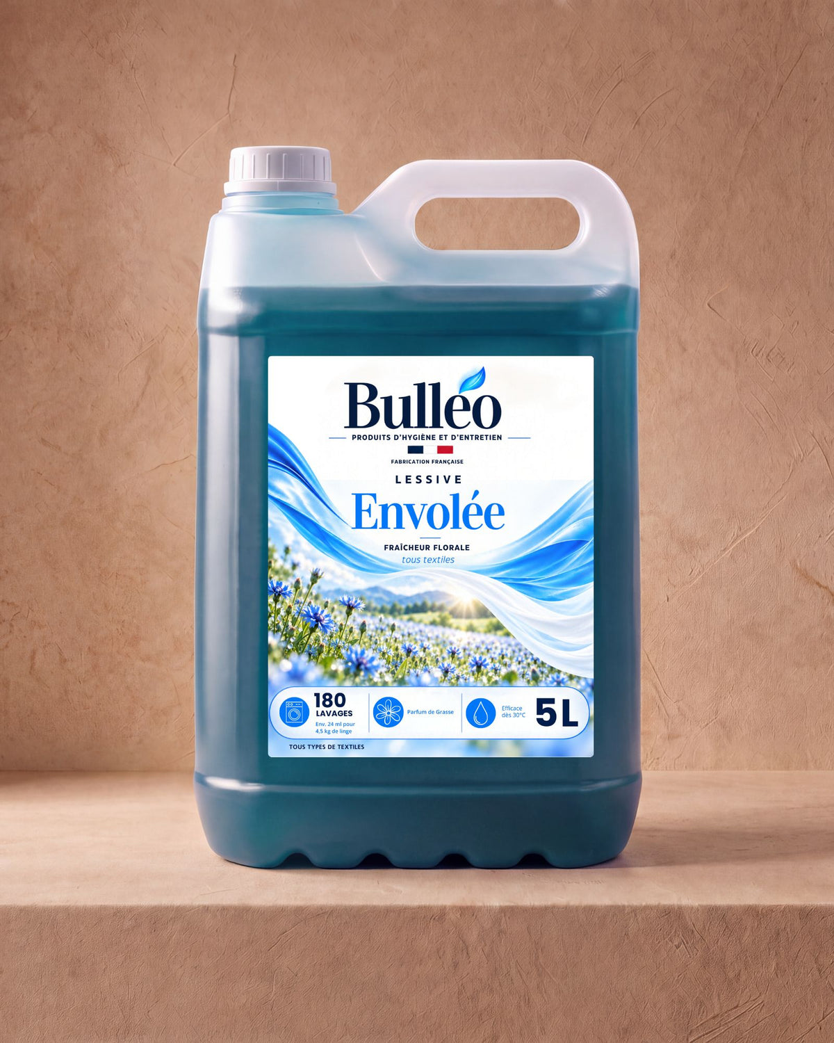 Lessive Envolée 5L Bulléo – fraîcheur florale, 180 lavages, parfum de Grasse