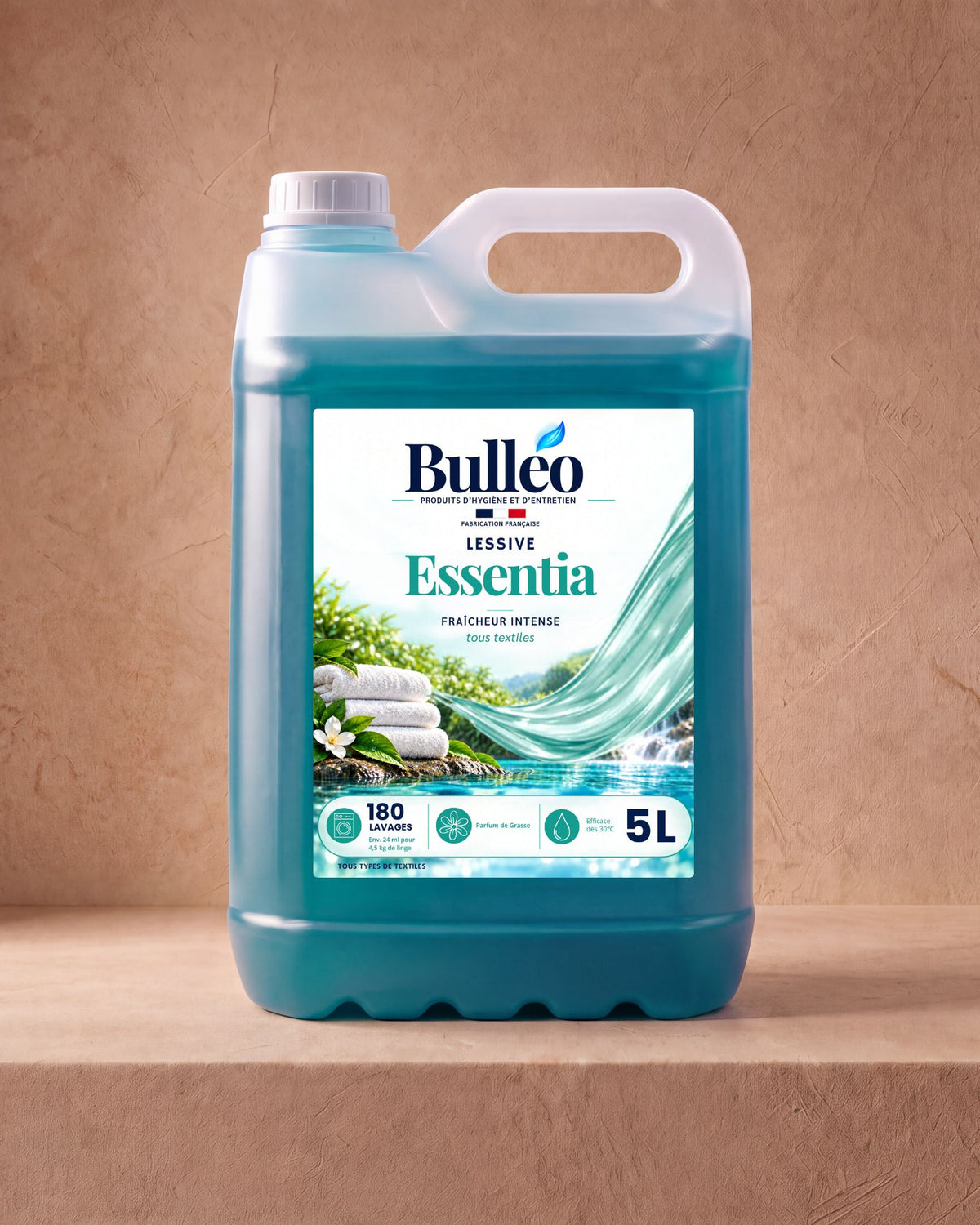 Lessive Essentia 5L Bulléo – fraîcheur intense, 180 lavages, parfum de Grasse